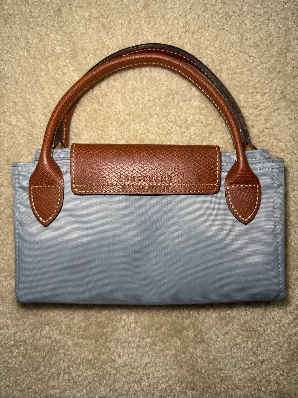 Longchamp Le Pliage Women's Tote Bag in Light Blue with Brown Trim - Picture 10 of 12